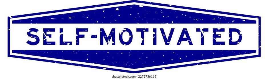 Grunge blue self motivated word hexagon rubber seal stamp on white background