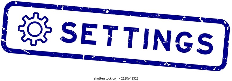 Grunge blue settings word with gear or cogwheel icon square rubber seal stamp on white background