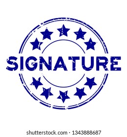 Grunge blue signature word with star icon round rubber seal stamp on white background