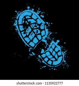 Grunge blue silhouette of shoes print on black background