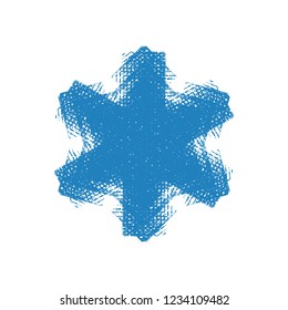 Grunge blue snowflake isolated. Brushed christmas design template. Distress painted star shape. Icon, badge, label, certificate background. Artistic design element. EPS10 vector.