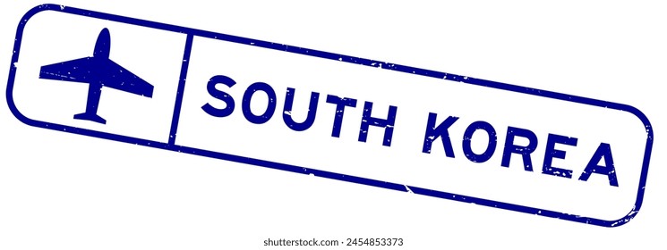 Grunge blue south korea word with plane icon square rubber seal stamp on white background