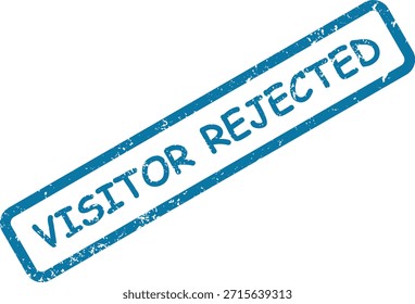 Impresión de sello azul grunge que dice "VISITANTE RECHAZADO" por denegación de acceso, denegación o entrada no aprobada, presentada en un campo blanco limpio.
