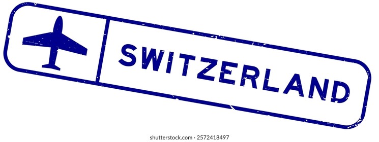 Grunge blue switzerland word with plane icon square rubber seal stamp on white background