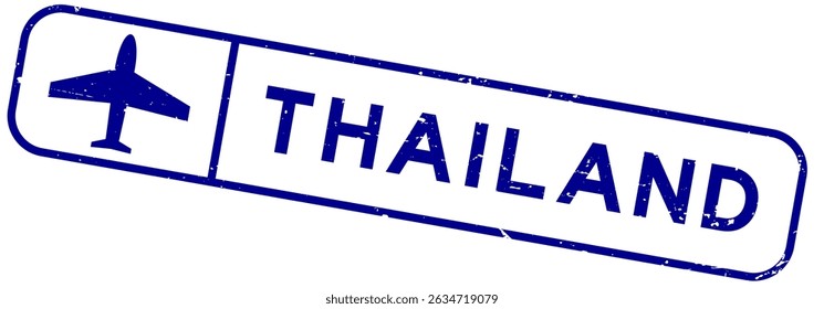 Grunge blue thailand word with plane icon square rubber seal stamp on white background