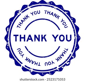 Grunge blue thank you word round rubber seal stamp on white background