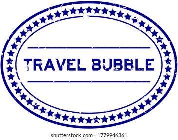 Grunge blue travel bubble word oval rubber seal stamp on white background