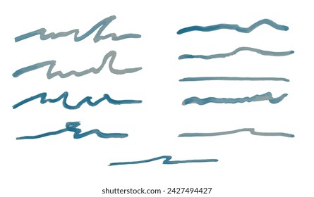 Grunge blue underline elements. Set of hand drawn blue pencil lines and brush highlight elements note underlines. For presentation, social media vector