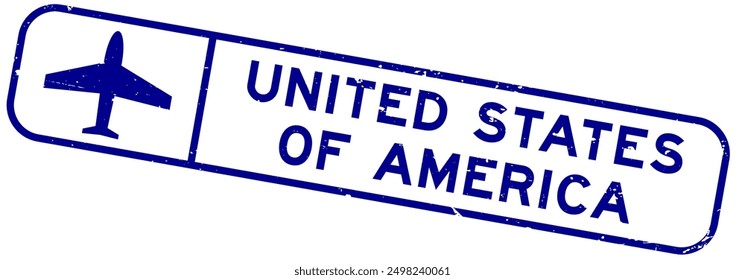 Grunge blue united states of america word with plane icon square rubber seal stamp on white background