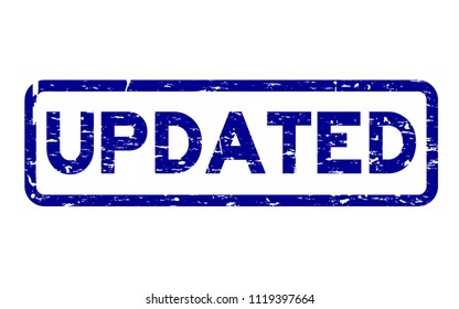 Grunge blue updated square rubber seal stamp on white background