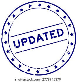 Grunge blue updated word round rubber seal stamp on white background
