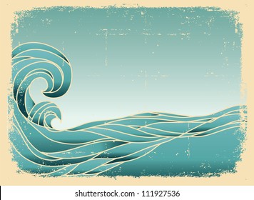 Grunge blue waves background.Painted image on old paper texture.