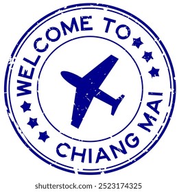 Grunge azul bienvenida a chiang mai con icono de avión sello de goma redondo sobre fondo blanco