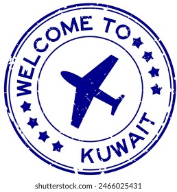 Grunge blue welcome to kuwait word with plane icon round rubber seal stamp on white background