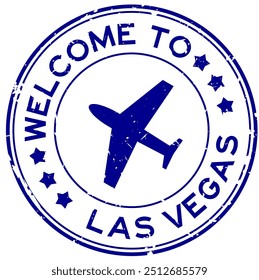 Grunge blue welcome to las vegas with airplane icon round rubber seal stamp on white background