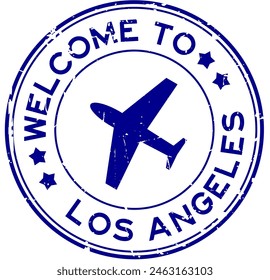 Grunge blue welcome to los angeles word with plane icon round rubber seal stamp on white background