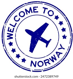 Grunge blue welcome to norway word with plane icon round rubber seal stamp on white background