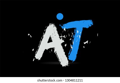 Grunge blue white alphabet letter combination AT A T on black background suitable as a logo for a company or business