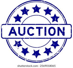 Grunge blue word auction with star icon round rubber seal stamp on white background