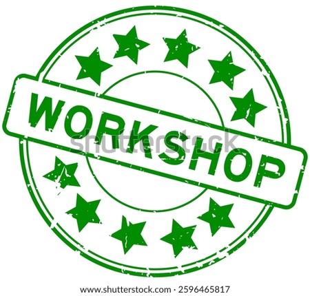 Grunge blue workshop word with star icon round rubber seal stamp on white background