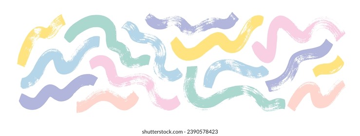 Grunge bold doodle and curved lines collection in pastel colored. Wavy brush strokes in Memphis style. Hand drawn organic geometric graffiti shapes. Squiggles and scribbles, modern childish drawing.