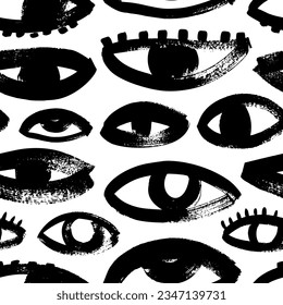 Grunge bold eyes seamless pattern. Brush drawn open black eyes ornament. Magic, mystery symbols in grunge or groovy style. Seamless pattern with quirky cartoon face elements with rough edges.