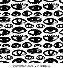 Grunge bold eyes seamless pattern. Brush drawn open black eyes ornament. Magic, mystery symbols in grunge or groovy style. Seamless pattern with quirky cartoon face elements with rough edges.