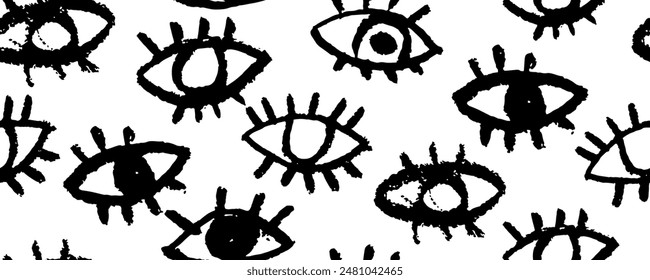 Grunge bold eyes seamless pattern. Brush drawn open black eyes ornament. Magic, mystery symbols in grunge style. Seamless pattern with  face elements with rough edges.