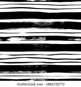 Grunge bold and thin lines vector seamless pattern. Horizontal brush strokes, straight stripes. Black ink striped hand drawn background. Geometric ornament for wrapping paper. Dry brushstrokes pattern