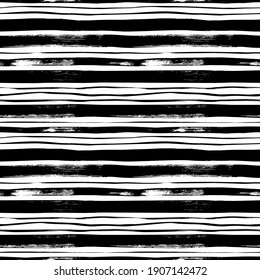 Grunge bold and thin lines vector seamless pattern. Horizontal brush strokes, straight stripes. Black ink striped hand drawn background. Geometric ornament for wrapping paper. Dry brushstrokes pattern