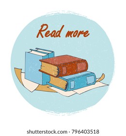 Grunge books store or library emblem - read more banner. Vector illustration