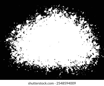 Borde de grunge con salpicaduras detalladas. Polvo de textura de papel blanco del marco del grunge. Pintura blanca dibujada a mano salpica nieve. Pintura negra, salpicaduras de tinta, pinceles, manchas de gotas de tinta. Fondo de salpicadura de tinta negra