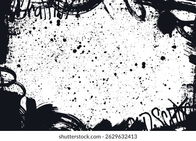 Grunge border frame with black ink splatters, spray textures and distressed edges. Ideal for posters, backgrounds, or vintage designs with a raw, textured look.