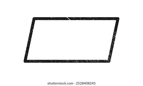 Grunge border in parallelogram form. Dark textured frame with empty space on white background. Vector illustration