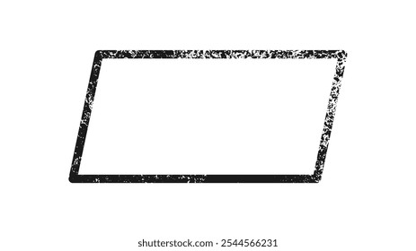Borde de grunge en forma de paralelogramo. Marco texturizado oscuro con espacio vacío sobre fondo blanco. Ilustración vectorial
