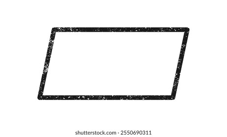 Grunge border in parallelogram form. Dark textured frame with empty space on white background. Vector illustration