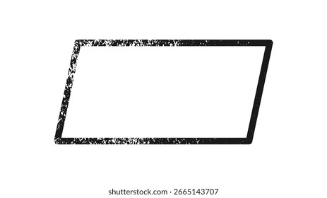 Borde de grunge en forma de paralelogramo. Marco texturizado oscuro con espacio vacío sobre fondo blanco. Ilustración vectorial