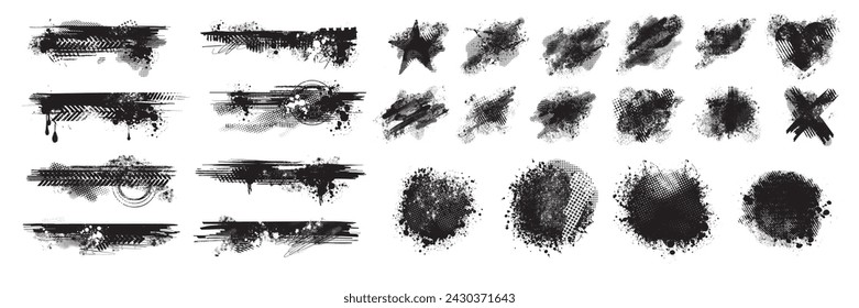 Grunge border set, black ink splatter vector stain, paint brush stroke kit, graffiti texture splash. Abstract dirty blob, messy shape drawing collection isolated on white. Grunge border print element