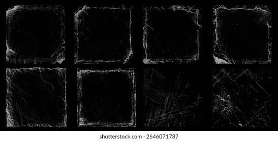 Grunge border texture frame set. Distressed square edge overlay collection for design effects. Dirty vintage scratch background elements.
