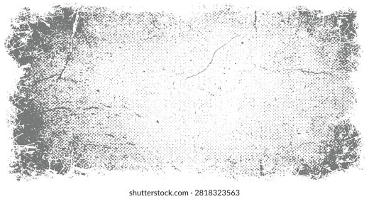 Grunge border texture, white center with dark rough edges, black distressed frame, scratches and dust, vignette effect, worn vintage background texture design.