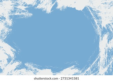 Grunge border vector background. Blue and white brush stroke frame overlay. Dirty distressed ink paint brush backdrop. Winter abstract design