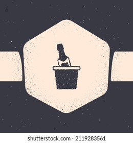 Grunge Bottle of champagne in an ice bucket icon isolated on grey background. Monochrome vintage drawing. Vector