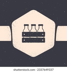 Grunge Bottled milk packed in wooden box icon isolated on grey background. Monochrome vintage drawing. Vector
