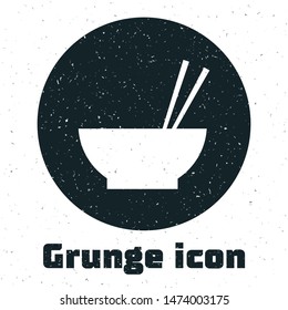 Grunge Bowl with asian food and pair of chopsticks silhouette icon isolated on white background. Concept of prepare, eastern diet.  Vector Illustration