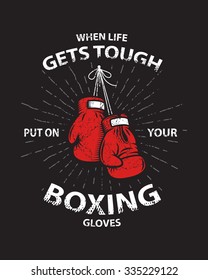 Afiche e impresión de la motivación de boxeo con guantes de boxeo, texto, arrebato de sol y textura de grunge.