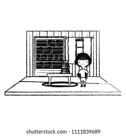 grunge boy with books organized in the bookcase and table