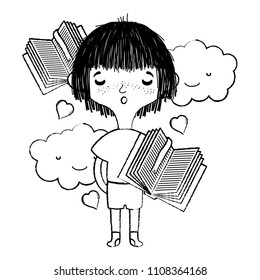 grunge boy dreaming with books and kawaii clouds
