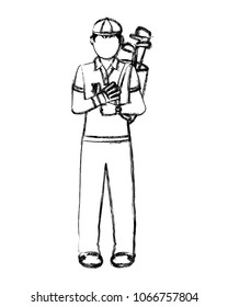 grunge boy golfer with bats inside bag and glove