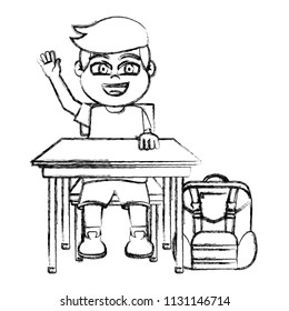 grunge boy sitting school desk with backpack