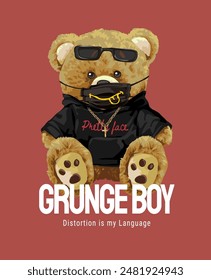 eslogan de niño grunge con muñeca de oso en sudadera con capucha negra y Ilustración vectorial de máscara facial